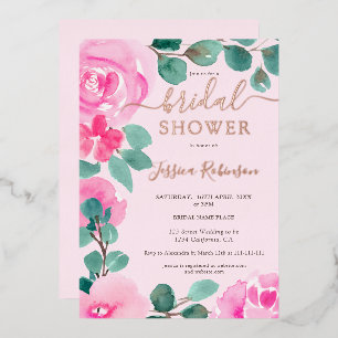 Invitación Con Relieve Metalizado Ducha de novia floral acuarela rosa oro rosa