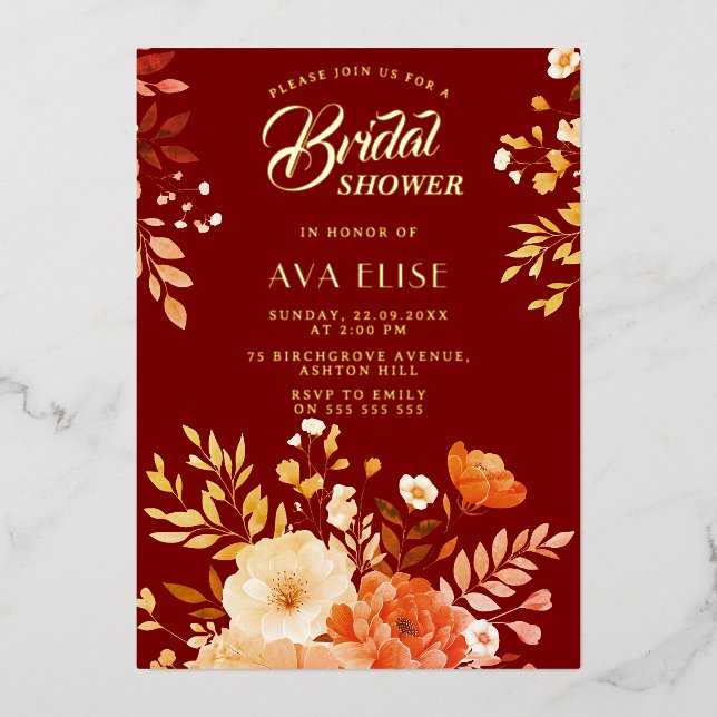 Invitación Con Relieve Metalizado Ducha de novia floral de Borgoña (Anverso)