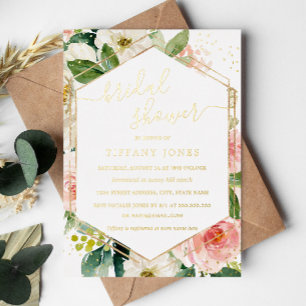 Invitación Con Relieve Metalizado Ducha de Novia Floral Moderna en Dorado Rosado