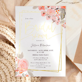 Invitación Con Relieve Metalizado Ducha de novia floral verde dorado script melocotó