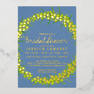 Invitación Con Relieve Metalizado Ducha de novia Flores de arte amarillo de Acacia