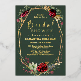 Invitación Con Relieve Metalizado Ducha de Novia Geométrico Boho Flor Silvestre Verd