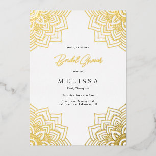 Invitación Con Relieve Metalizado Ducha de Novia Mandala Dorada Delicada Blanca