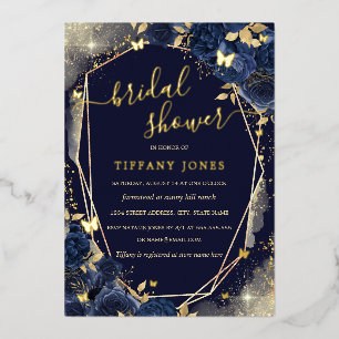 Invitación Con Relieve Metalizado Ducha de Novia Mariposa Dorada Azul Marino Floral
