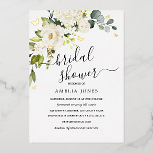 Invitación Con Relieve Metalizado Ducha de Novia Mariposa Floral Ivory Gold