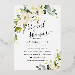Invitación Con Relieve Metalizado Ducha de Novia Mariposa Floral Marfil Dorado