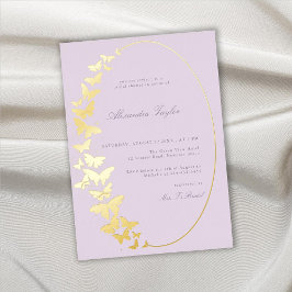 Invitación Con Relieve Metalizado Ducha de Novia Mariposa Lila Elegante Hoja de Oro