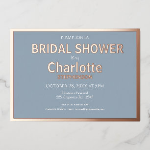 Invitación Con Relieve Metalizado Ducha de Novia Minimalista con Borde Dorado Azul P