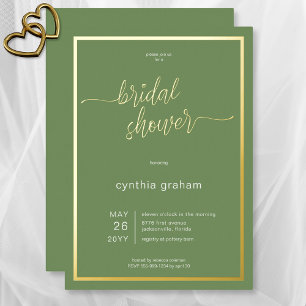 Invitación Con Relieve Metalizado Ducha de Novia Minimalista Moderna Verde Salvia
