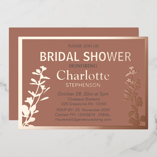 Invitación Con Relieve Metalizado Ducha de novia moderna de hojas botánicas (Anverso/Reverso)