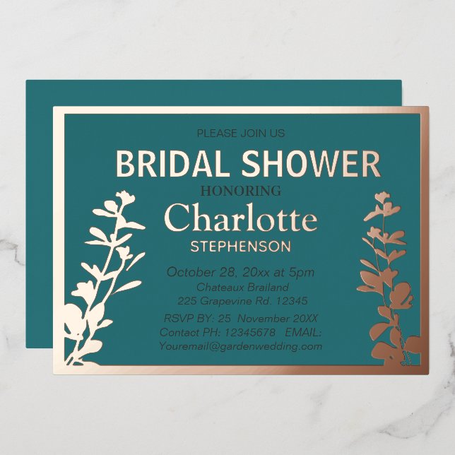 Invitación Con Relieve Metalizado Ducha de novia moderna de hojas botánicas (Anverso/Reverso)