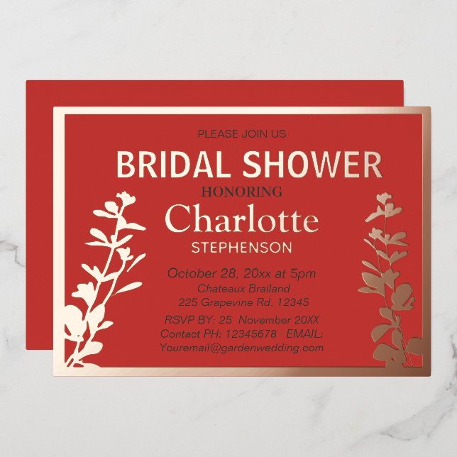 Invitación Con Relieve Metalizado Ducha de novia moderna de hojas botánicas (Anverso/Reverso)