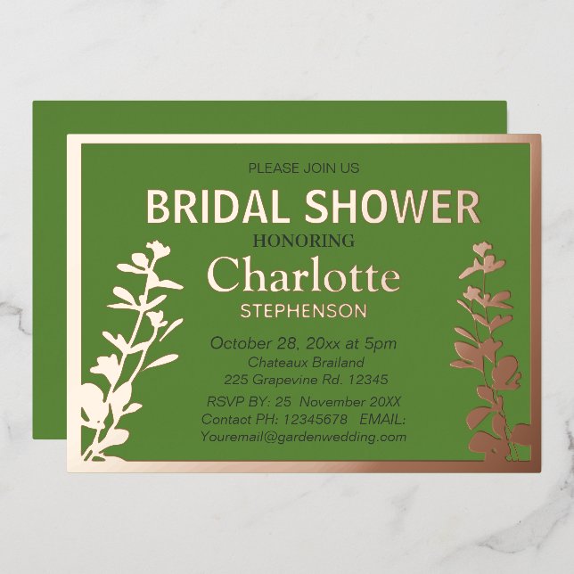 Invitación Con Relieve Metalizado Ducha de novia moderna de hojas botánicas (Anverso/Reverso)