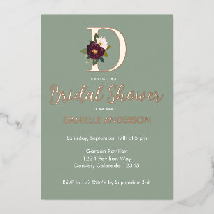 Invitación Con Relieve Metalizado Ducha de Novia Monograma Floral Marina Letra D Dor