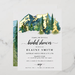Invitación Con Relieve Metalizado Ducha de Novia Montañas Rústicas Acuarela Pino
