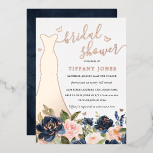 Invitación Con Relieve Metalizado Ducha de Novia Navy Blush Floral Rosa Dorado