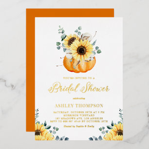 Invitación Con Relieve Metalizado Ducha de Novia Otoñal Rústica con Calabaza y Giras