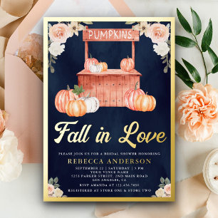 Invitación Con Relieve Metalizado Ducha de Novia Otoño en Rosa Calabaza Azul Marino