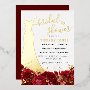 Invitación Con Relieve Metalizado Ducha de Novia Roja Floral Rosa Dorada