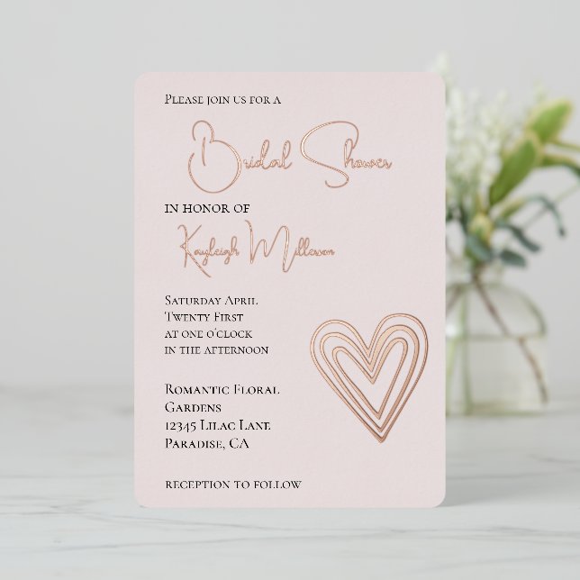 Invitación Con Relieve Metalizado Ducha de novia romántica y rosa de Rubor (Anverso de pie)