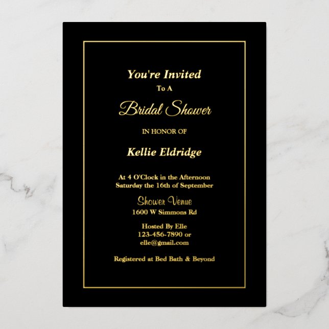 Invitación Con Relieve Metalizado Ducha de novia simple y negra (Anverso)