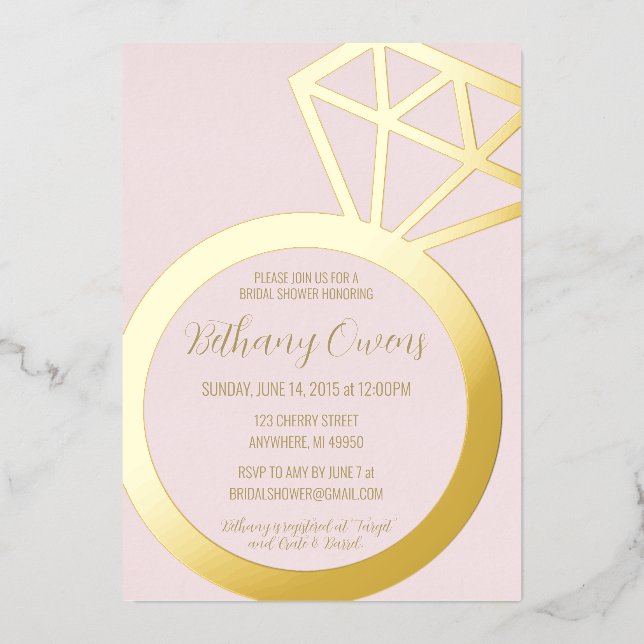 Invitación Con Relieve Metalizado Ducha de novias de anillo rosado y dorado, Boda (Anverso)