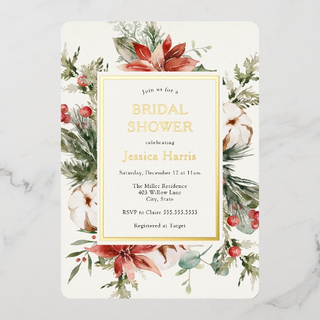Invitación Con Relieve Metalizado Ducha de novias de invierno verde (Anverso)