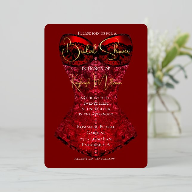 Invitación Con Relieve Metalizado Ducha de novias de Red Black Corset (Anverso de pie)