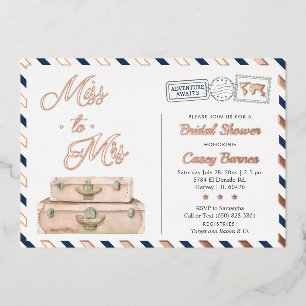 Invitación Con Relieve Metalizado Ducha de novias de viaje, Miss a la Sra. Navy Rosa