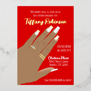 Invitación Con Relieve Metalizado Ducha de novias mostrando el anillo real afroameri