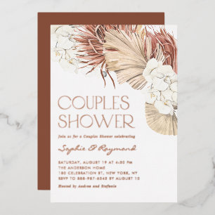 Invitación Con Relieve Metalizado Ducha de parejas con hojas de palma secas y orquíd
