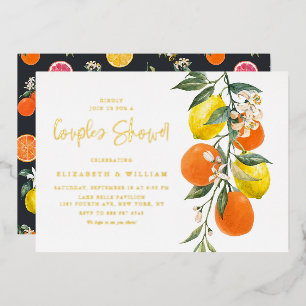 Invitación Con Relieve Metalizado Ducha de parejas de naranjas y limones botánicos