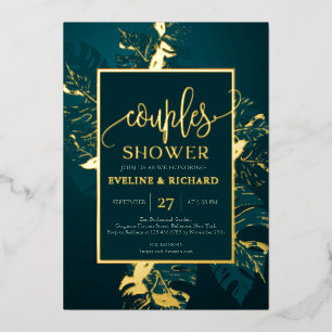 Invitación Con Relieve Metalizado Ducha de parejas de papel de oro real y verde esme