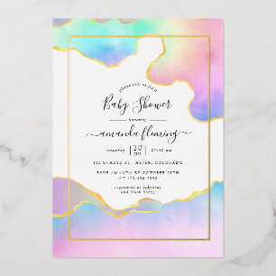 Invitación Con Relieve Metalizado Ducha de Piedra de Ágata Arcoíris para Bebé