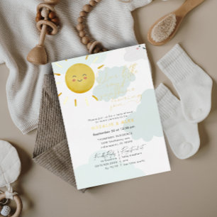 Invitación Con Relieve Metalizado Ducha de Sol Nubes Baby Shower de Género Neutral