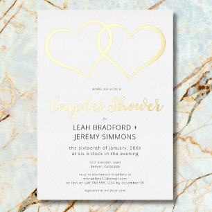 Invitación Con Relieve Metalizado Ducha Minimal de Dos Corazones Negro Blanco Pareja