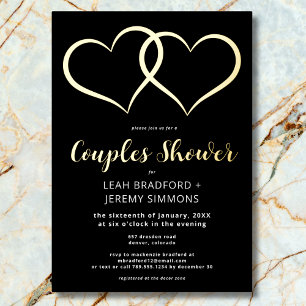 Invitación Con Relieve Metalizado Ducha Minimal de Dos Corazones Negro Blanco Pareja