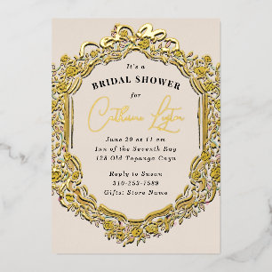 Invitación Con Relieve Metalizado Ducha Nupcial con Cinta Vintage Rosa Amarilla