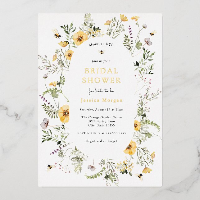 Invitación Con Relieve Metalizado Ducha nupcial de abeja y flor silvestre (Anverso)