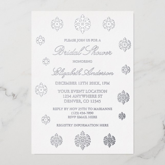 Invitación Con Relieve Metalizado Ducha nupcial de invierno con copo de nieve (Anverso)