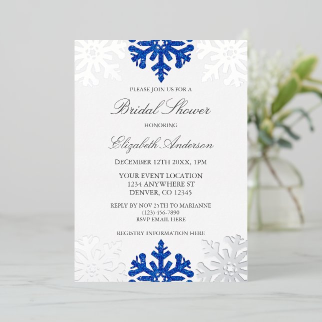 Invitación Con Relieve Metalizado Ducha nupcial de invierno con copo de nieve azul p (Anverso de pie)