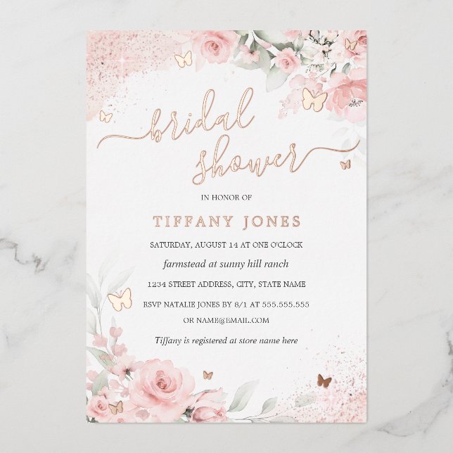 Invitación Con Relieve Metalizado Ducha nupcial floral de mariposa rosa de Rubor (Anverso)