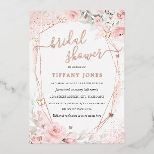 Invitación Con Relieve Metalizado Ducha Nupcial Floral Mariposa Rosa Rubor