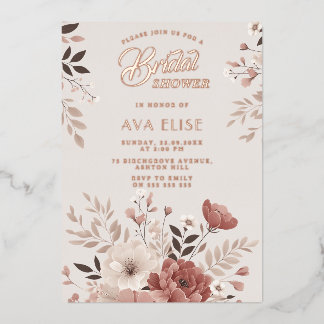 Invitación Con Relieve Metalizado Ducha Nupcial Floral Rosa Polvo