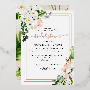 Invitación Con Relieve Metalizado Ducha Nupcial Floral Tropical Rosa y Blanco