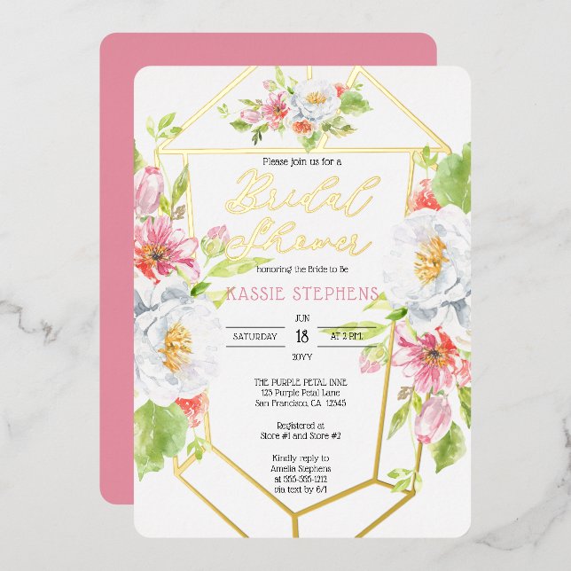 Invitación Con Relieve Metalizado Ducha nupcial geométrica floral de Moda Boho - Oro (Anverso/Reverso)