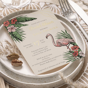 Invitación Con Relieve Metalizado Ducha Nupcial Marfil Flamenco Flor Tropical Dorado