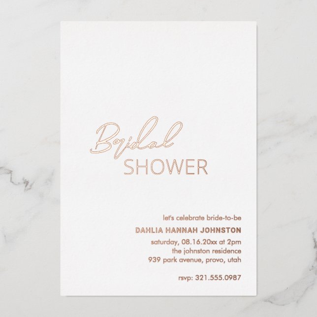 Invitación Con Relieve Metalizado Ducha nupcial moderna mínima (Anverso)