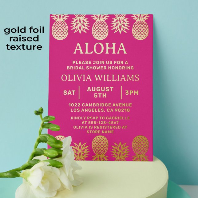 Invitación Con Relieve Metalizado Ducha nupcial Pineapple tropical Luau Pink (Tropical pineapple pink and gold foil bridal shower invitation)