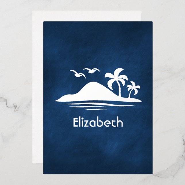 Invitación Con Relieve Metalizado Ducha nupcial tropical azul y plateado de la marin (Anverso/Reverso)